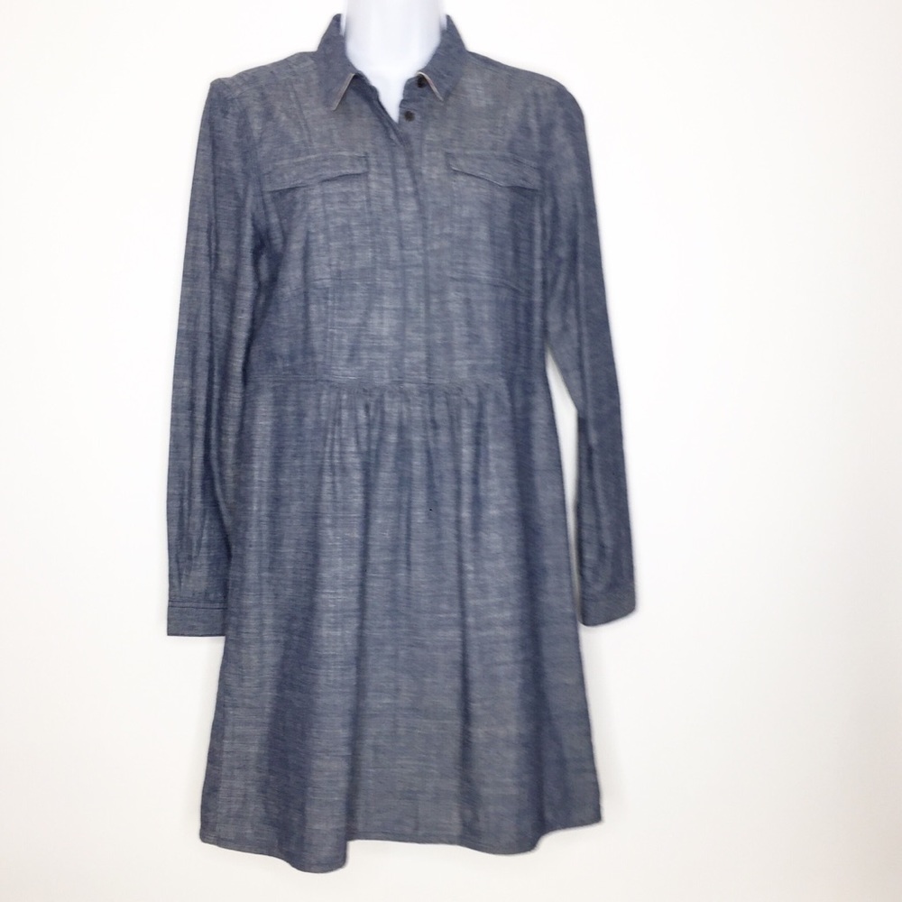 BURBERRY Blue Denim Chambray Gathered Long Sleeve Shirt Dress Size 6